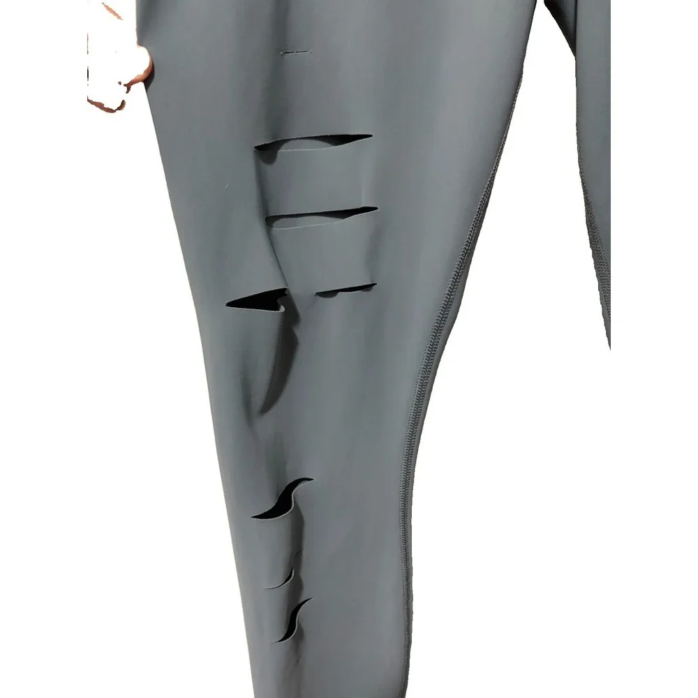 Alo Yoga High Waist Ripped Laser Cut Leggings Blue Gray Size Medium M Athleisure